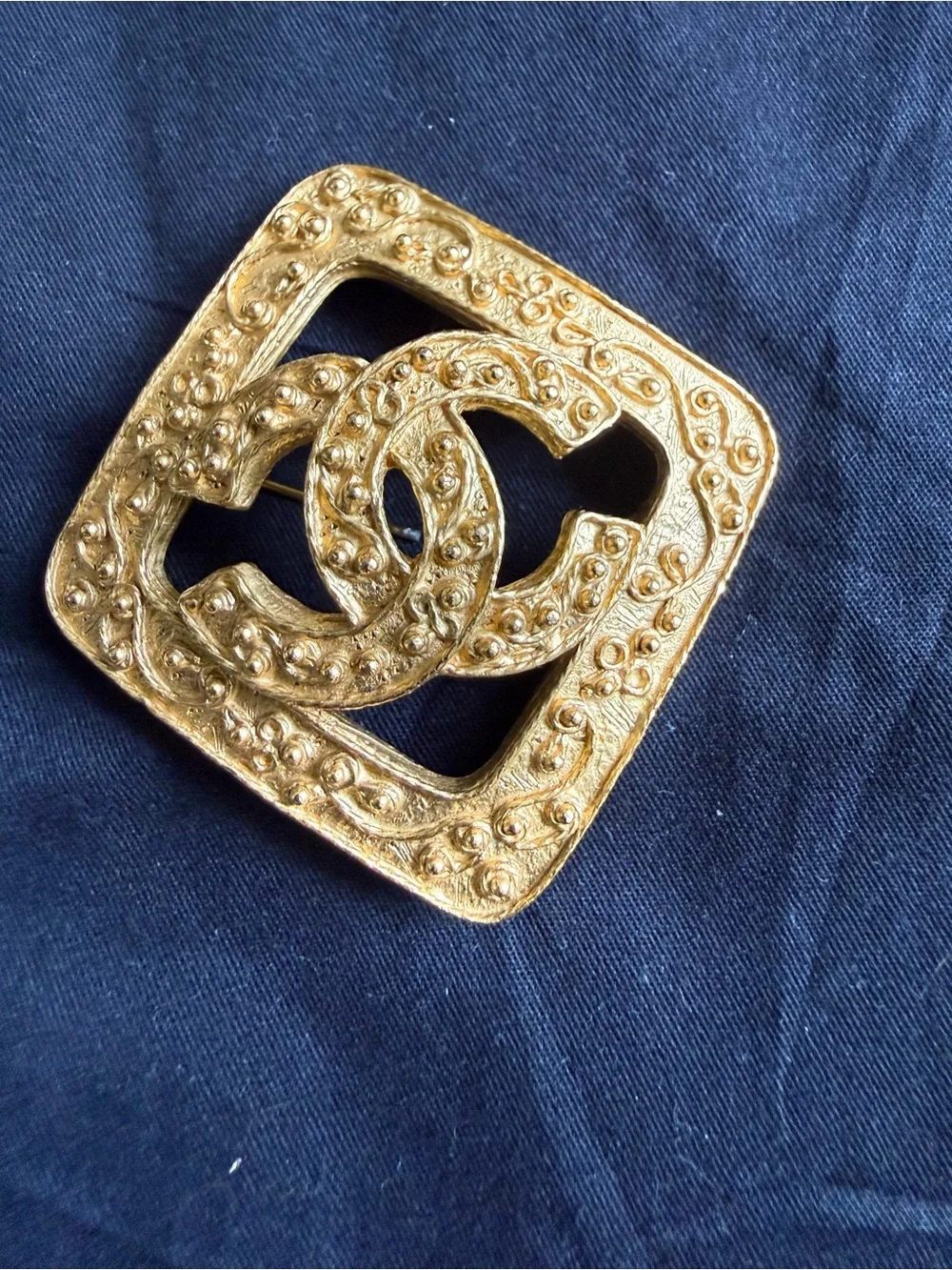CHANEL Gold Ornate Interlocking CC Square Brooch